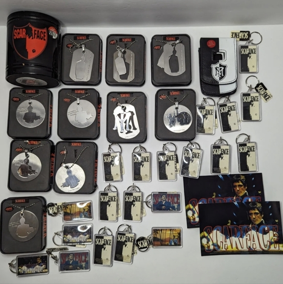 Wholesale Lot of 34 pcs Scarface Necklace Keychains sticker As Is Movie Pacino - Picture 1 of 10